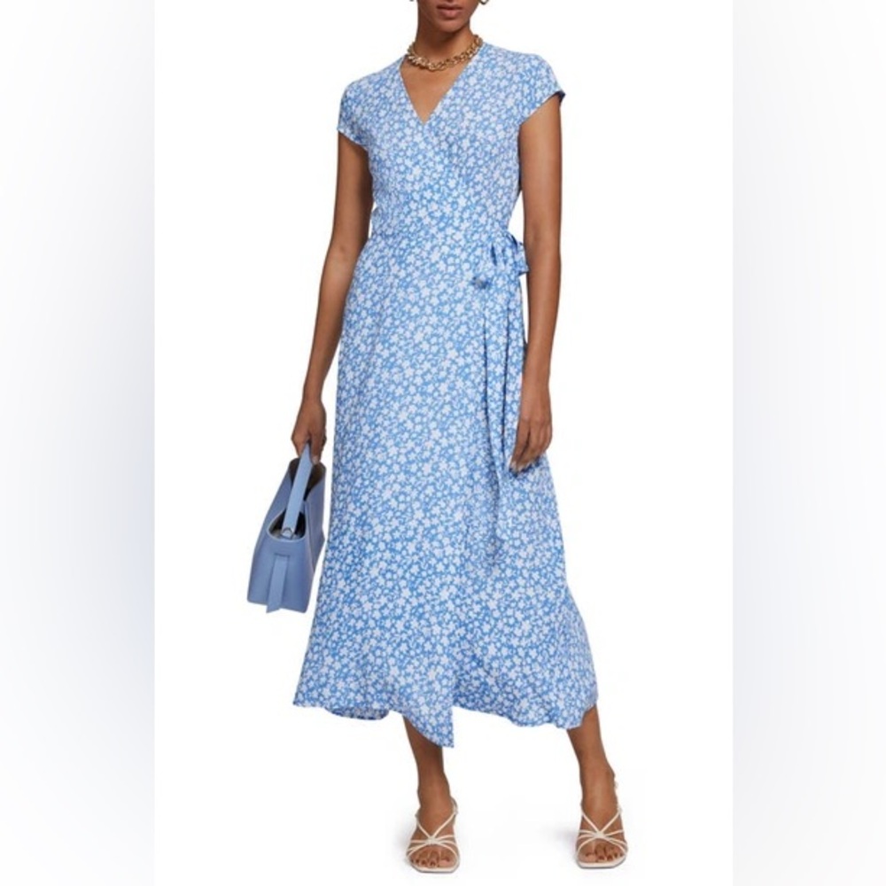 NWT And Other Stories midi floral wrap dress in light blue and white